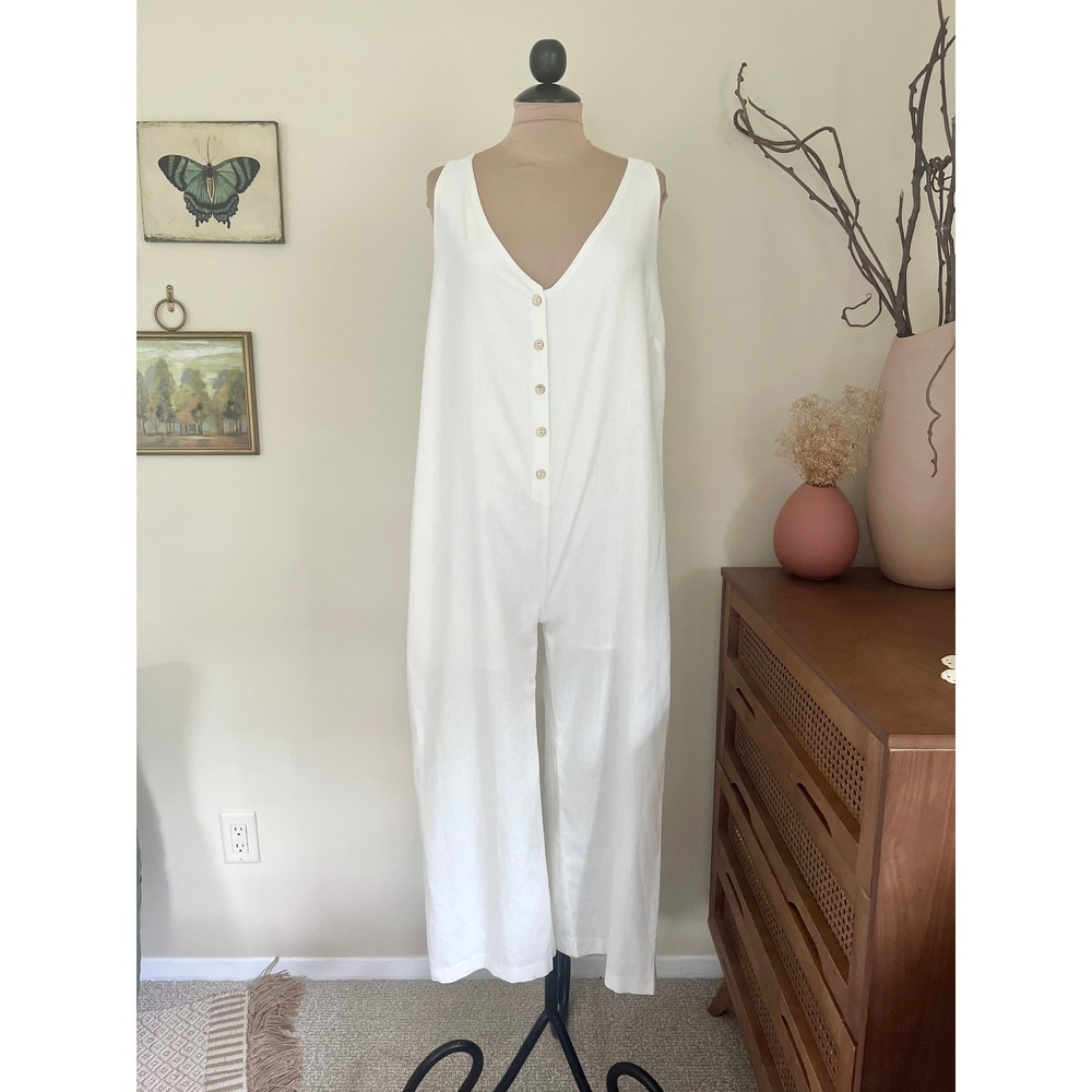 Vintage 90s White Linen Wide Leg Jumpsuit Romper Shine Star